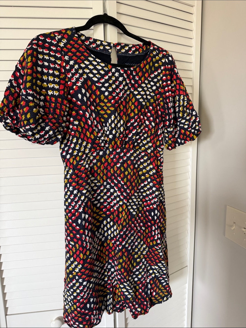 Maeve Navy Puff-Sleeve Mini Dress with Red, Yellow & White Floral Motif